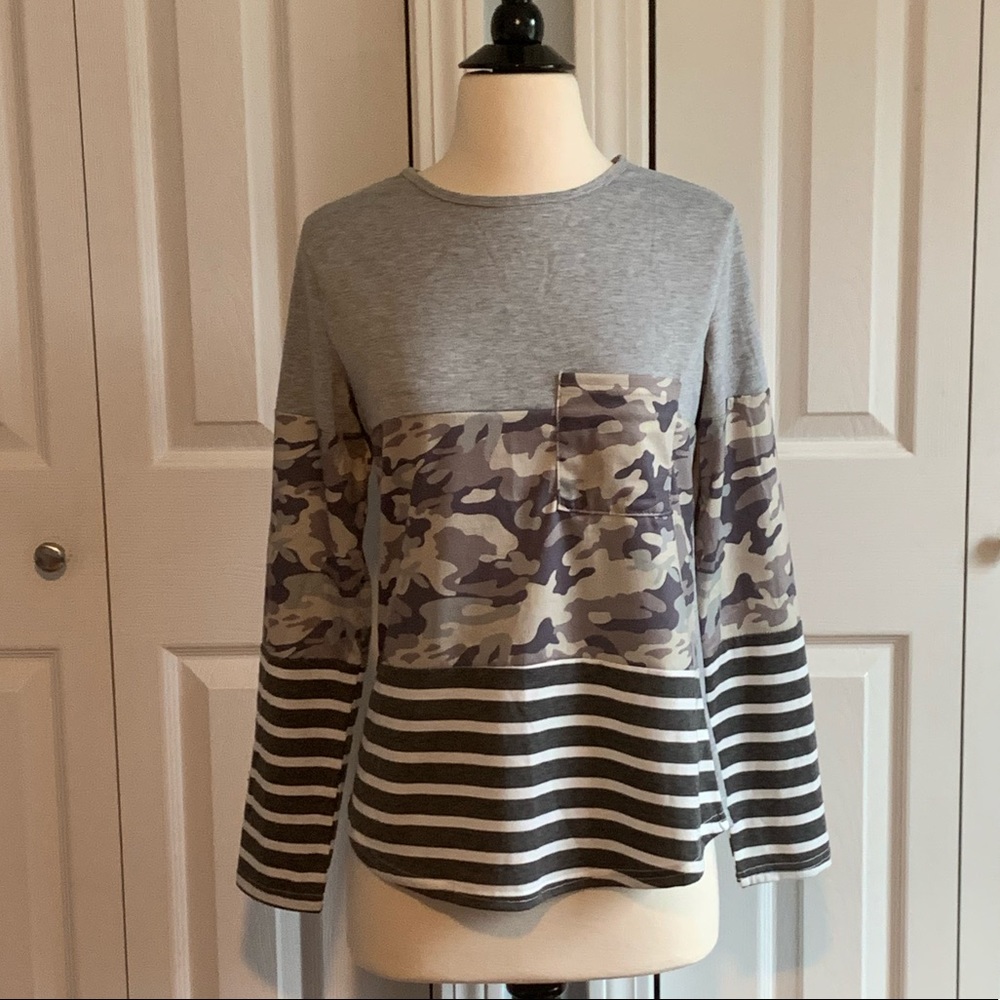 Lightweight long sleeve camo color block top